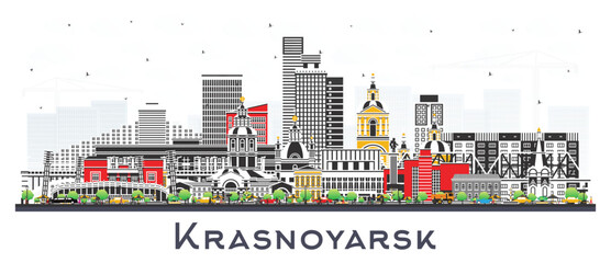 Obraz premium Krasnoyarsk Russia city skyline with color buildings isolated on white. Krasnoyarsk cityscape with landmarks. Business travel and tourism concept with modern and historic architecture.