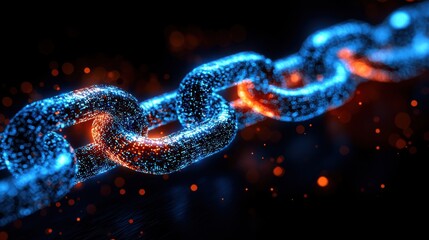 Futuristic glowing digital chain in blue and orange lights, symbolizing blockchain technology, security, connectivity, and digital innovation in a virtual network.