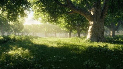 Fototapeta premium Lush Green Forest with Sunlight Filtering Through Leaves and Grass