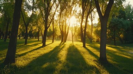 Fototapeta premium Serene Sunrise Through Trees in Tranquil Forest Landscape with Sunbeams