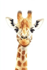 Obraz premium A charming portrait of a classic giraffe showcasing its distinctive features in a serene setting against a white background. Generative AI