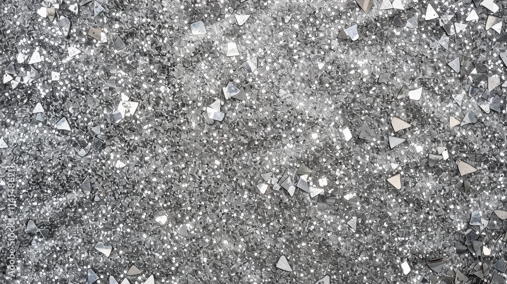 Poster a shimmering surface covered with various sparkling silver and mirrored shapes.