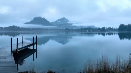 Tranquil Lake Reflections at Dawn with Mountains and Misty Atmosphere