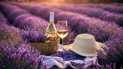 A serene lavender field scene with wine, glass, and a straw hat for relaxation.