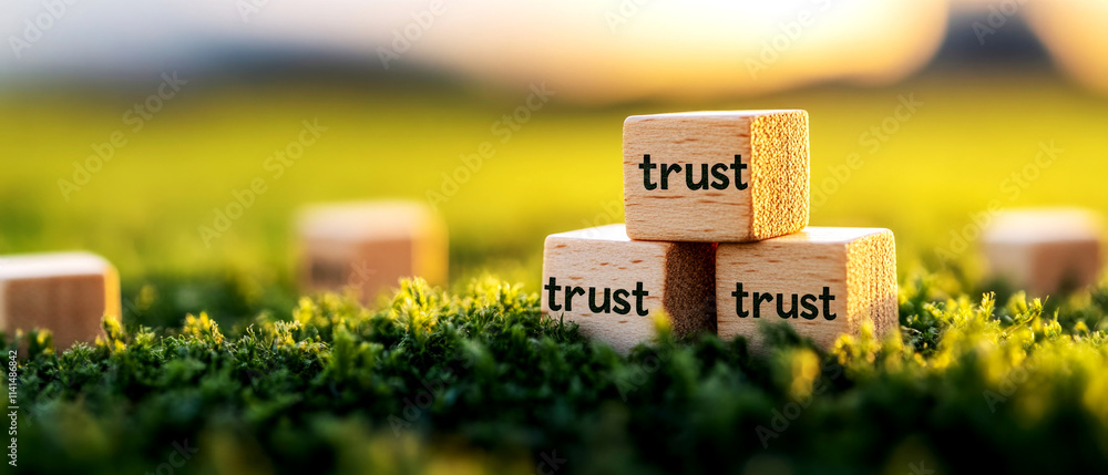Poster building trust with wooden blocks a reflective scene in nature emphasizing growth and stability thro