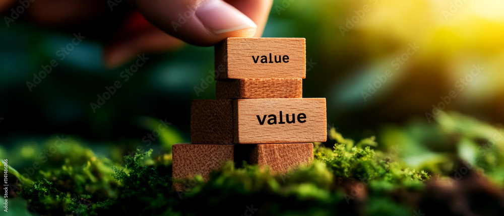 Poster building value with wooden blocks creative strategies for personal growth in nature inspirational en