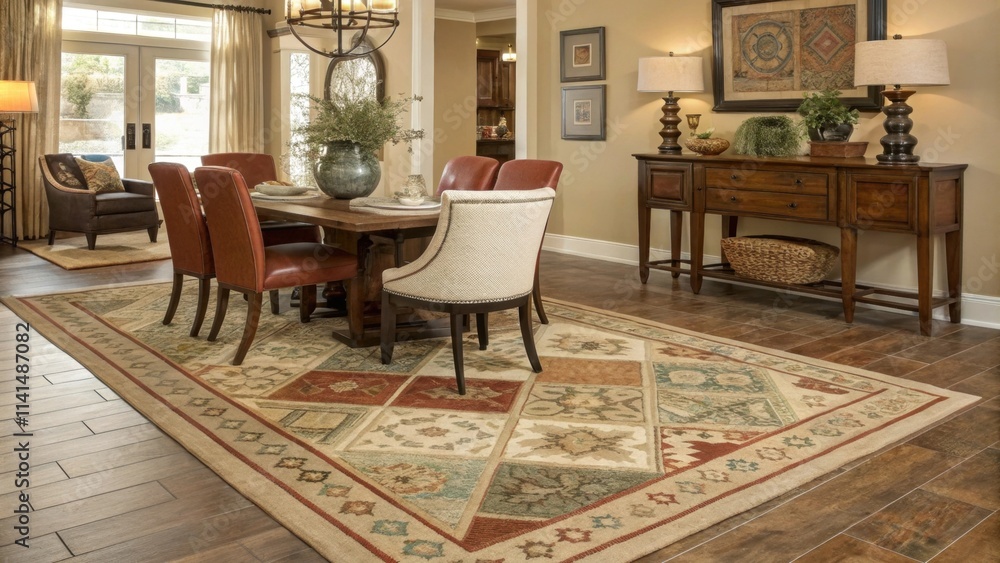 Poster a patterned area rug anchors the dining area featuring an eclectic mix of designs that complement th