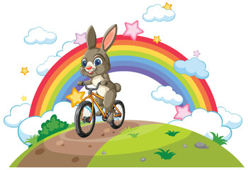 Fototapeta premium Bunny Biking Under a Rainbow