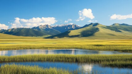 Obraz premium A serene landscape featuring mountain, nature, background, a reflective pond, and lush green fields under a blue sky.