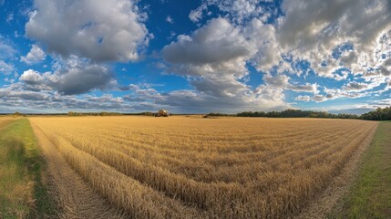 Golden Wheat Field Under A Dramatic Sky With Fluffy Clouds And Sunlight