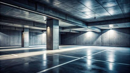 Abstract Empty Underground Parking Interior with Dramatic Lighting and Shadows, Spacious Design, Modern Architecture, Urban Environment, Minimalist Aesthetics, Ideal for Creative Projects