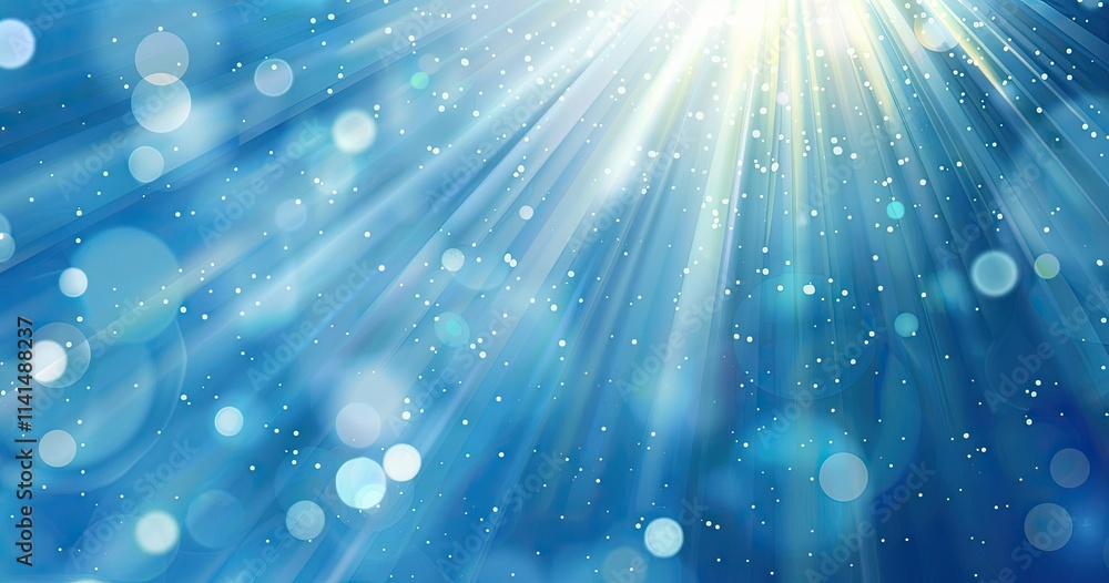 Poster abstract blue background with light rays and bokeh effects, creating a serene atmosphere.