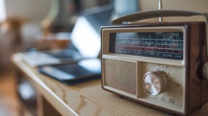 Close-up of vintage radio emitting static noise, contrasting with modern digital devices, symbolizing the shift from traditional to digital media.