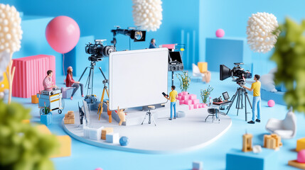 Short video content creation,  camera screen displaying video streaming in a vibrant, dynamic studio environment.