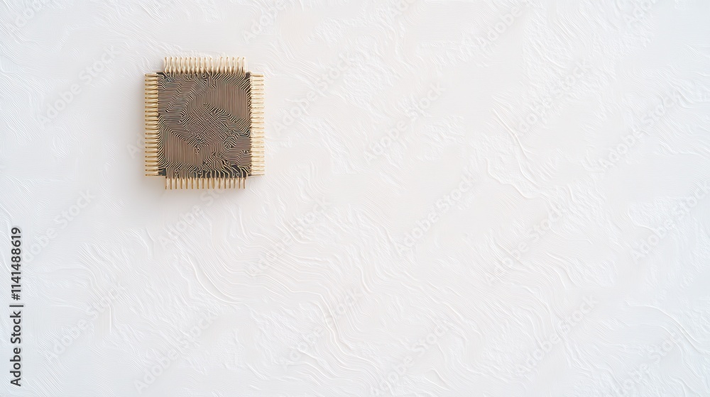 Poster a close-up of a microchip on a light surface, showcasing its intricate circuitry and pins, highlight
