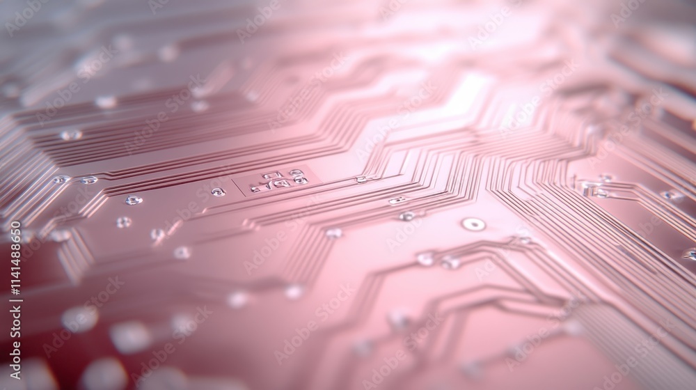Poster a close-up view of a modern circuit board, showcasing intricate patterns and connections in a pink a