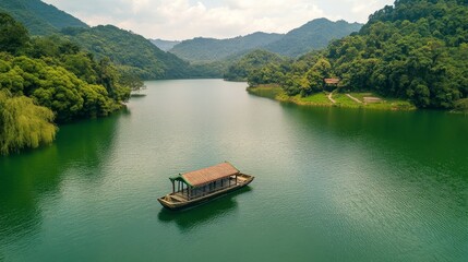 Obraz premium A serene lake scene with a boat surrounded by lush green mountain, nature, background and calm waters.