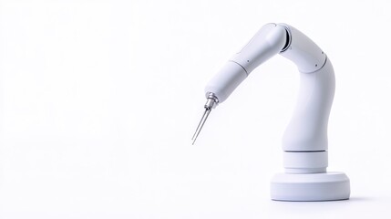 A sleek robotic arm with a pointed tool, showcasing modern engineering and precision technology against a minimalist background.