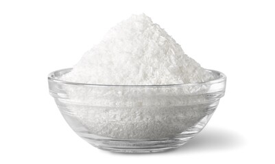 Coarse table salt in the glass bowl