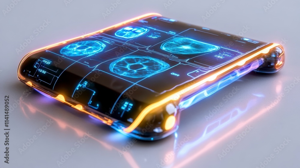 Poster a futuristic, glowing tablet featuring a digital interface with various holographic displays and int