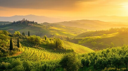 Fototapeta premium Serene Sunrise Over Rolling Green Hills and Vineyards in Tuscany Landscape