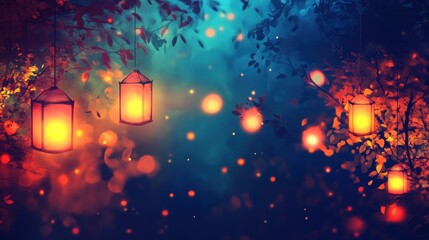 A serene night scene with glowing lanterns amidst a dreamy, colorful forest backdrop.