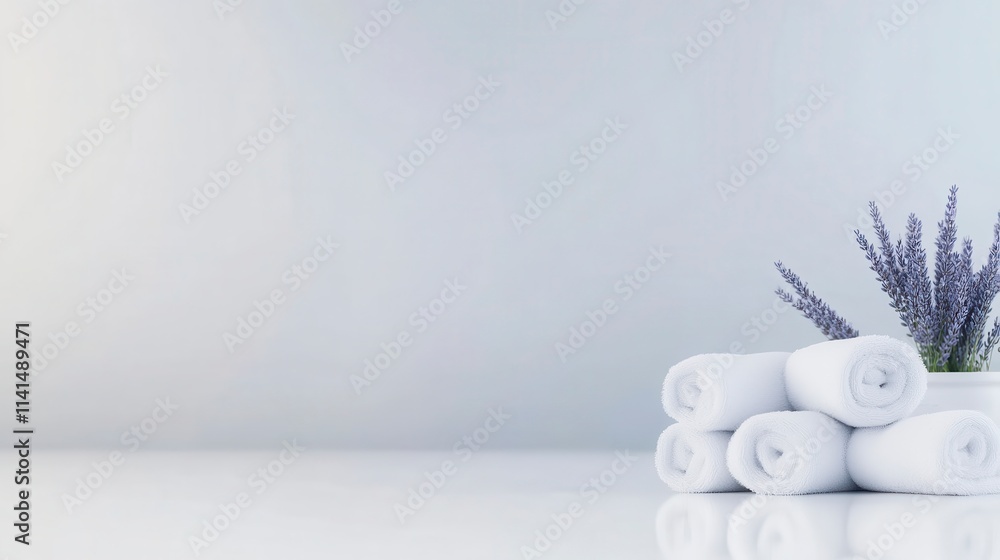 Poster a serene setting with neatly stacked white towels and a small lavender plant, creating a calming and