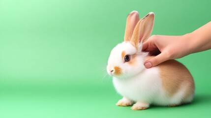 Obraz premium A hand gently pets a cute rabbit on a bright green background.