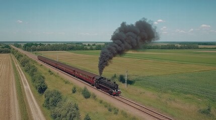 Vintage steam locomotive travels through scenic countryside landscape