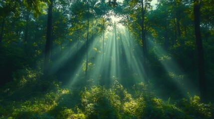 Obraz premium Sunbeams illuminate misty, green forest.