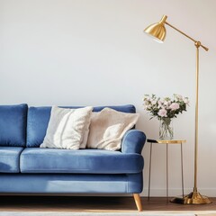 Cozy sofa with lamp and table in white living room.