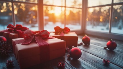 A cozy holiday scene with gifts and ornaments near a window at sunset.