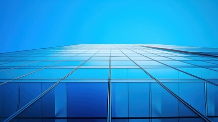 Fototapeta premium Modern glass skyscraper facade against a clear blue sky. Ideal for corporate, success, and growth concepts.