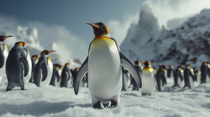 Obraz premium Penguins gather in a snowy landscape surrounded by mountains during a sunny day in Antarctica