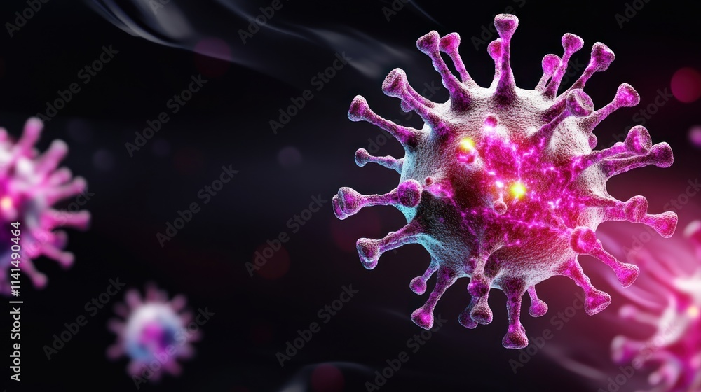 Poster microscopic view of a virus, highlighting its structure and features.