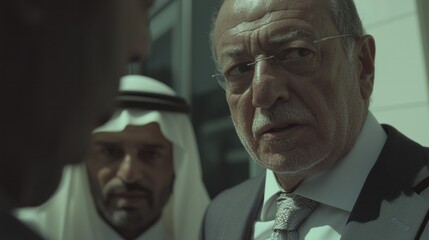 A tense exchange between two men, one in a suit and the other in traditional attire, suggesting a serious discussion or negotiation.