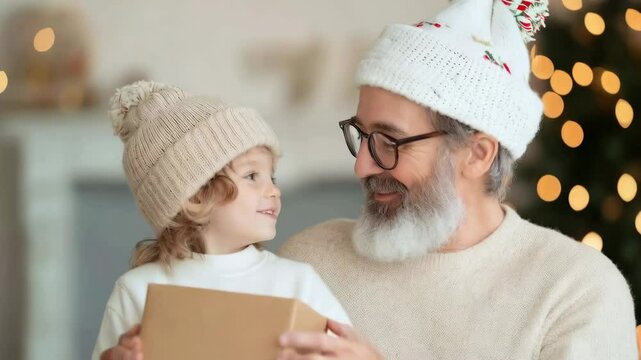 Happy grandfather with white beard and glasses holding gift box with smiling little child in cozy winter hats, sitting in festive living room with Christmas lights. Concept of family, holidays, and jo