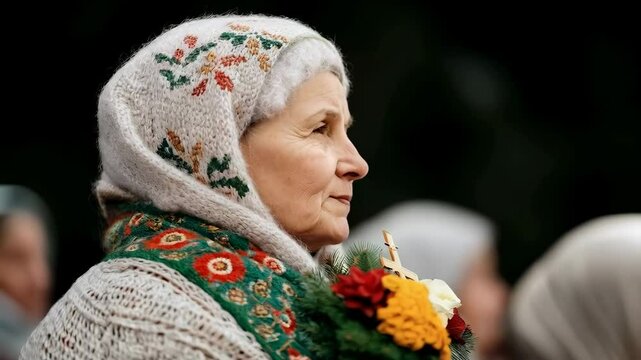 Elderly women in traditional Slavic clothing holding festive decorations while sitting outdoors in sunlight, celebrating Koliada winter holiday.