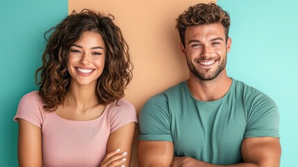 Obraz premium A cheerful couple smiles against a colorful backdrop, showcasing happiness and confidence in their casual attire.