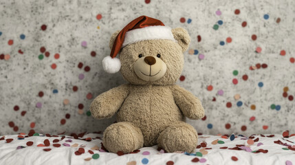 teddy bear wearing Santa hat sits cheerfully on bed surrounded by colorful confetti, creating festive and joyful atmosphere perfect for holiday season