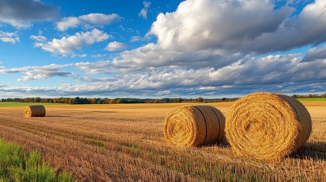 A serene landscape featuring hay bales under a blue sky with scattered clouds.