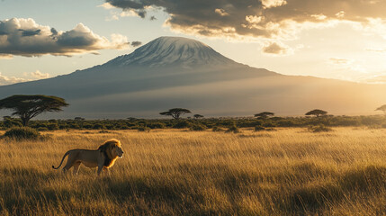 Majestic lion strolling across golden savanna with Kilimanjaro in the background during sunset