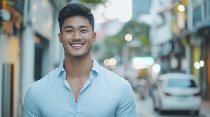 Fototapeta premium A smiling man stands confidently on a vibrant street, embodying a cheerful and approachable demeanor amidst a lively urban backdrop.