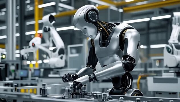 A cyborg or robot working in a futuristic factory AI creation