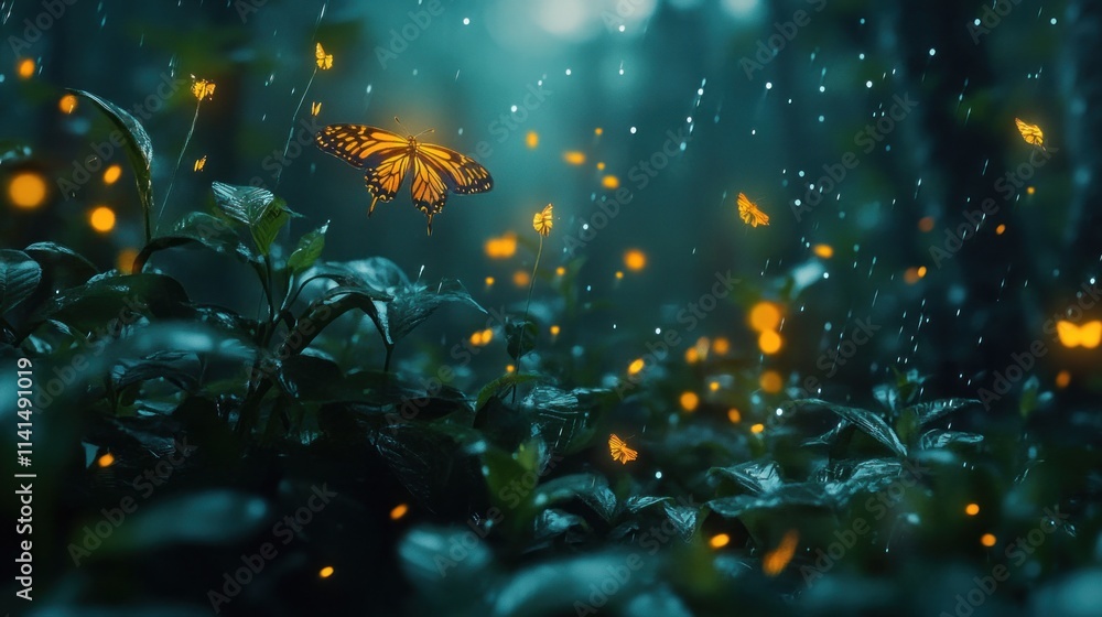 Poster a serene scene with a butterfly amidst glowing lights and raindrops in a lush environment.