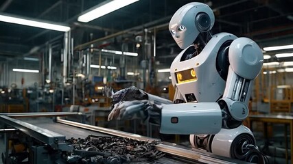 A cyborg or robot working in a futuristic factory AI creation