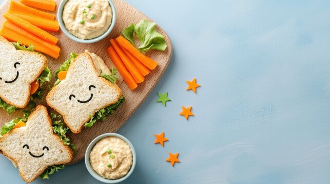 A cheerful platter featuring star-shaped sandwiches, hummus, carrot sticks, and leafy greens, perfect for kids' meals or fun snacks.