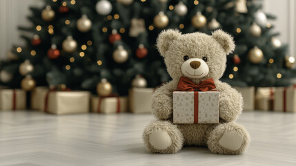 Fototapeta premium teddy bear with bright red bow sits in front of beautifully decorated Christmas tree, holding small gift. warm holiday atmosphere evokes feelings of joy and nostalgia