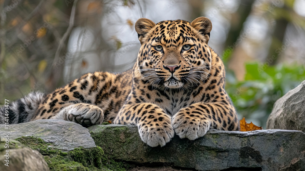 Poster leopard resting on rocks in a lush forest setting during a calm autumn afternoon