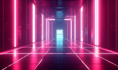 Pink neon lit futuristic corridor with repeating patterns.
